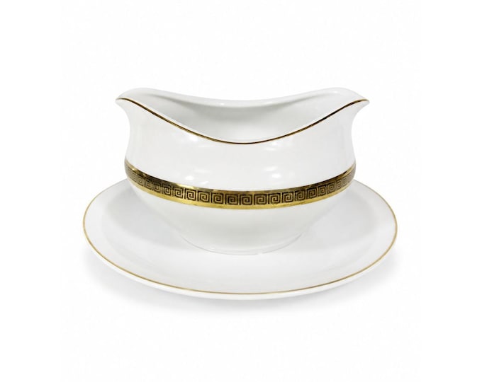 Gravy Boat Saucer Key Largo by Meito Black Greek Key On Gold Band Royal M Japan Replacement China Vintage Elegant Traditional