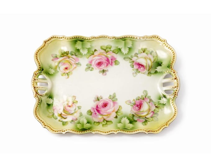 Bread Celery Serving Tray Dish PK Silesia Pink Roses Pierced Reticulated Handles Vintage Hand Painted Flowers Replacement China Victorian