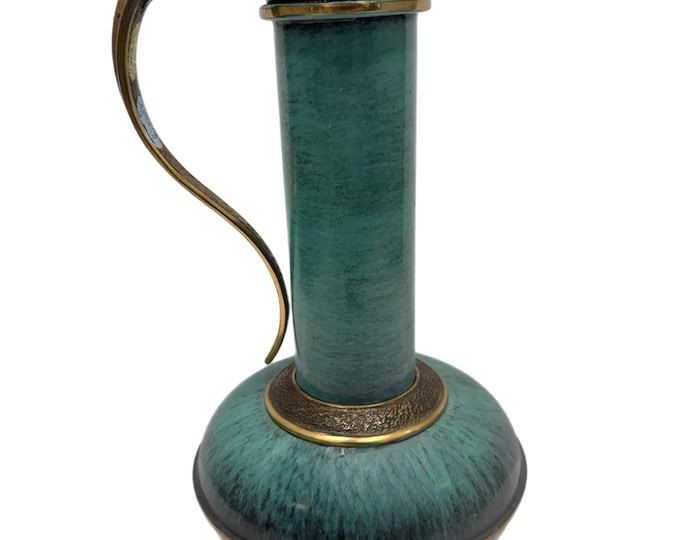 Vintage Brass & Green Ewer | Pitcher Made in Jerusalem | Hand Painted Hand Forged Handled | Mid Century | Religious Decor | Shelf Decor