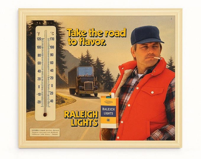 Collector Metal Tin Sign Thermometer Raleigh Lights Cigarette Tobacco 1980s Retro Collector Man Cave Bar Ware Man Truck Rugged Moutain Decor