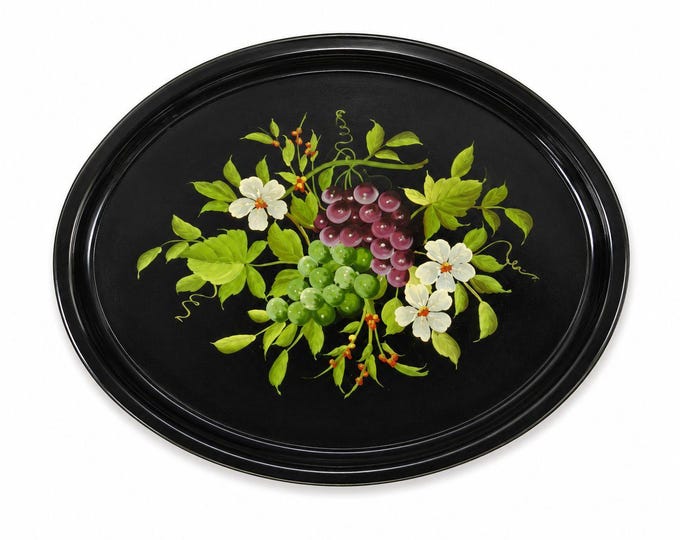 Toleware Oval Serving Tray Floral Grapes Tole Black Hand Painted Pilgrim Art Large Vintage Gallery Wall Unique Art Flowers Platter