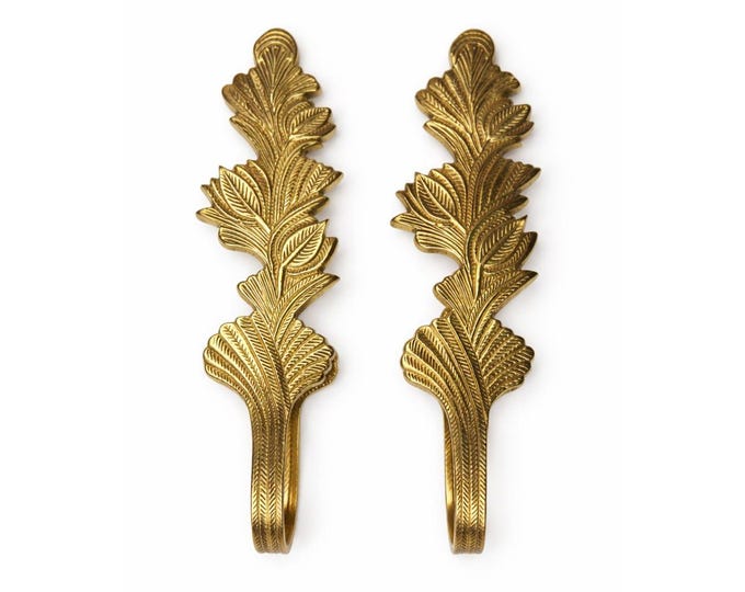 Curtain Tieback Solid Brass Elongated Leaf Pair Set Vintage Solid Brass Ornate Floral Home Decor Decorative Window Accents Grand Millennial