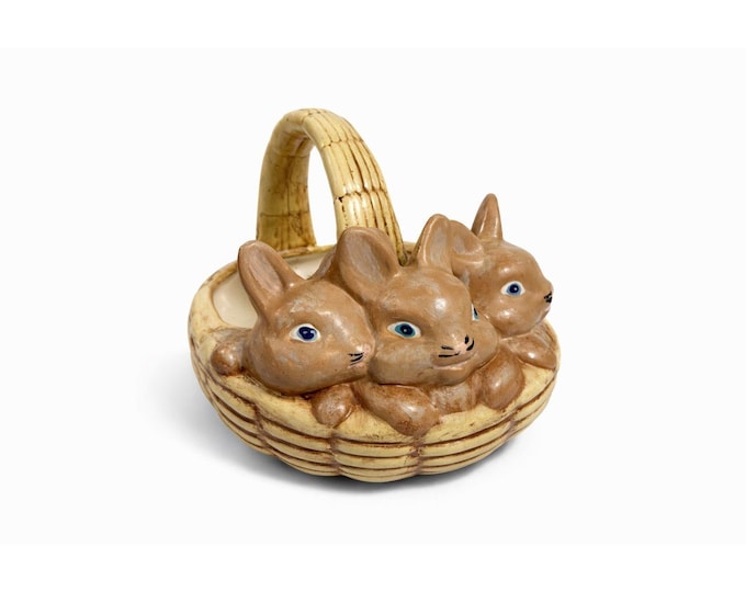 Easter Basket Ceramic Hand painted 1970's Vintage Atlantic Mold Trio of Bunnies Bunny in Basket Kitschy Spring Home Decor Decorative Accents