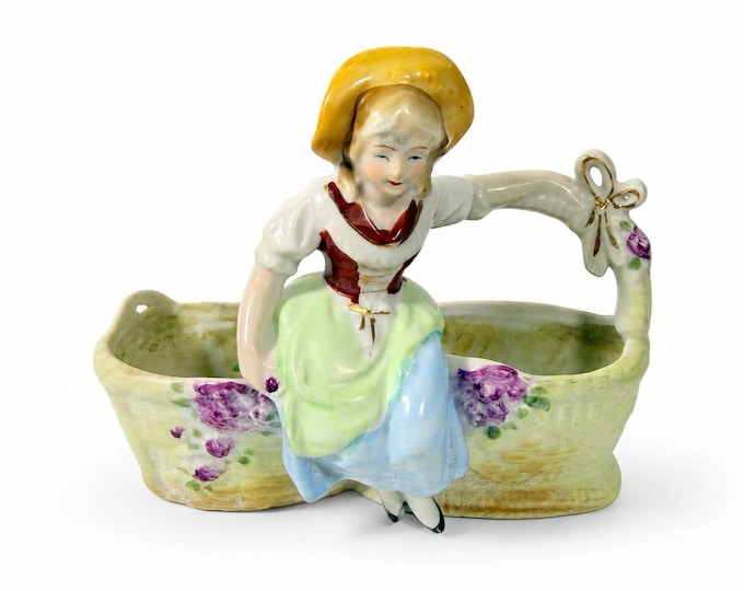 Double Planter Dutch Girl Lipper and Mann Woman Sitting on Basket Porcelain Japan Vintage Flower Vase Home Decor Decorative Accents