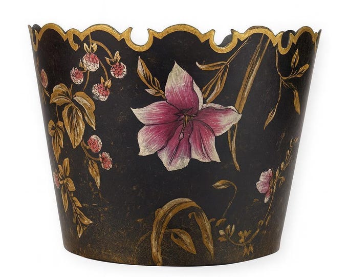 Tole Bin Cache Orchid Pot Planter Hand Painted  Black and Gold Painted Sheet Metal Floral Vintage Traditional Grand Millennial Floral
