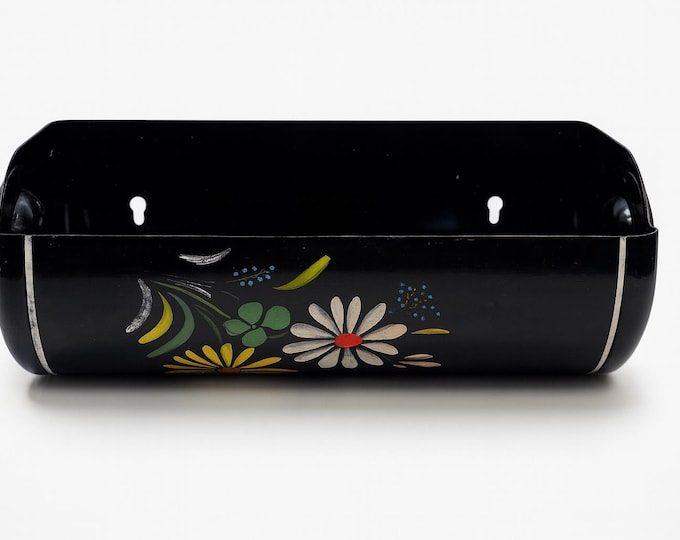Paper Towel Holder Wall Mounted | Ransburg Toile Hand Painted Black Flowers Floral Kitchen Decor Kitschy Retro Mid Century Farmhouse Granny