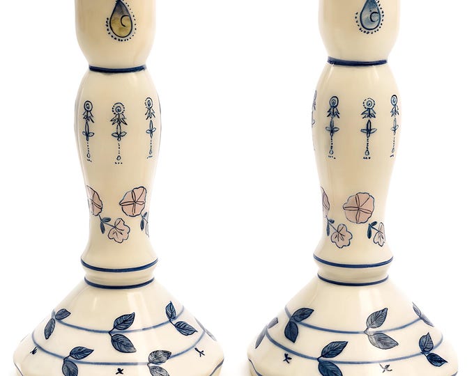 Candlestick Holders Pair Taper | Vintage Macau Chinoiserie China Asian | Blue White Floral | Nancy Myers Grand Millennial Decorative Accents