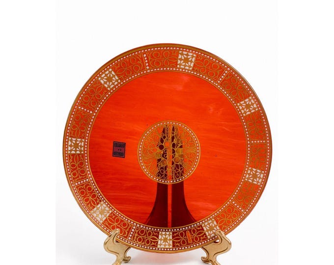 Collector Glass Plate Kokomo Opalescent Translucent Iridescent Floral Gold Red Mint Vintage Rare Art Deco Neauvo Collectible Orignial Box