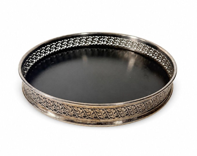 Butlers Serving Tray William Adams Towle Vintage Black Formica Round Silver Plate Pierced Side 12" Barware Serveware Wedding Gift Home Decor
