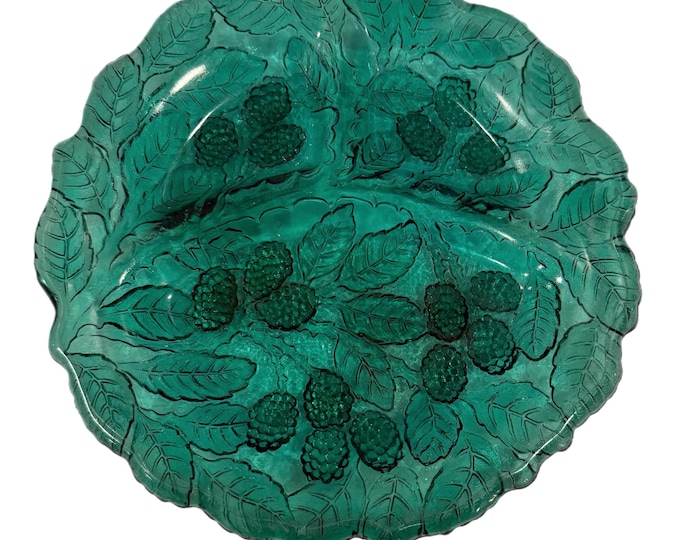 Indiana Glass Loganberry Pattern  | Divided Grill Plate| Loganberry Pattern in Teal Green | 3 Compartment Dish | Embossed Berry Leaf Design
