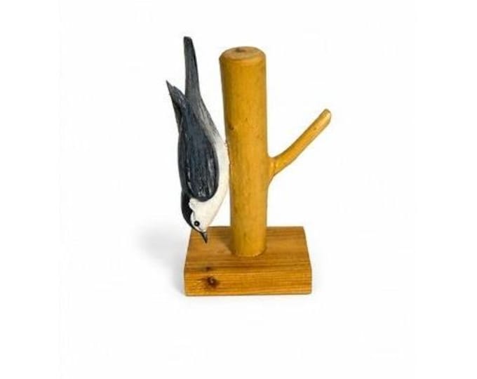 Hand Carved Bird Statue Wood Nuthatch on Limb Signed Larry Smith Primitive Handcrafted Art Vintage Shelf Home Decor