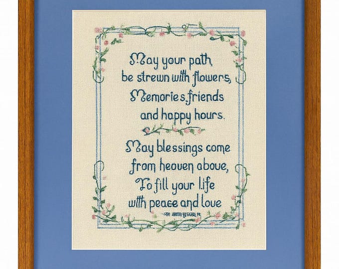 Cross Stitch Wall Decor Framed Print Vintage English Blessing May Your Path Be Strewn with Flowers