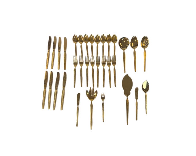 Royalton Antigua Gold Electroplated Flatware Silverware | 33 Piece 8 Place Setting  | Vintage Mid Century Retro Tableware | Hostess Wedding