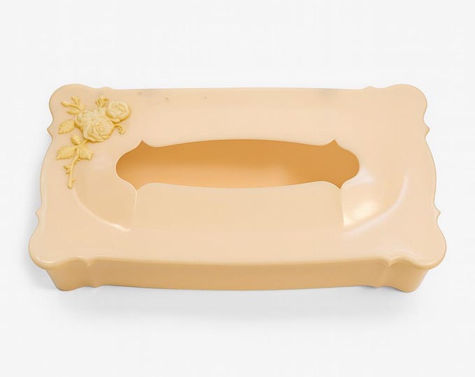 Tissue Box Holder Cover | Schwarz Bros Pink Cream Roses Resin Plastic | Bathroom Boudoir Decor Accessories | Mid Century MCM Retro Vintage