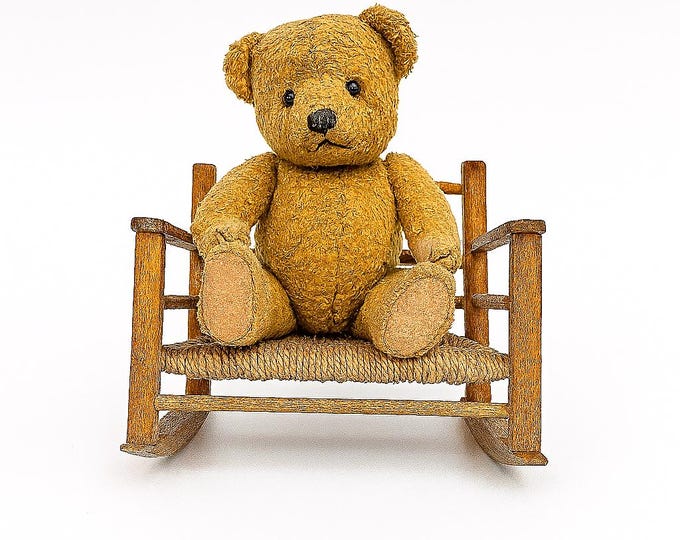 Rocking Chair Doll Bear | Ladderback Settee Bench Woven Rush Seat | Vintage Primitive Cottage Granny Core Farmhouse Country | Home Decor