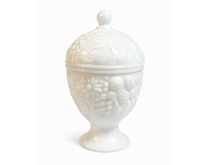 Salt Cellar Jar Compote Candy Dish Lid Egg Shaped Footed Pedestal White Milk Glass Avon Cottage Core Granny Core Raised Flowers Floral