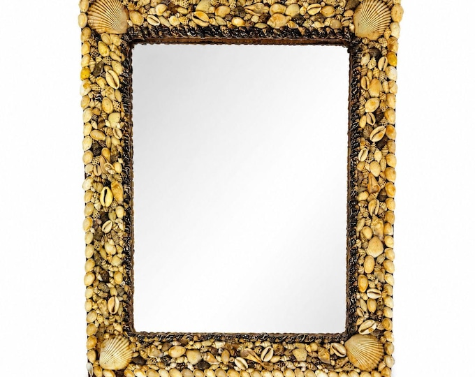 Wall Mirror Shell Encrusted Handmade Velvet Back Coastal Nancy Myers Home Decor Decorative Accents Galley Seashells