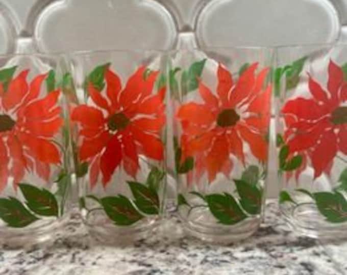 Hazel Atlas Vintage Mid Century Poinsettia Holiday Drinking Glasses Red Green Set of 4 Juice | Retro | Kitschy
