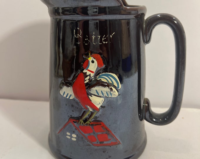 Ceramic Redware Brown Luster Pancake Batter Pitcher Rooster Design Vintage 1950s