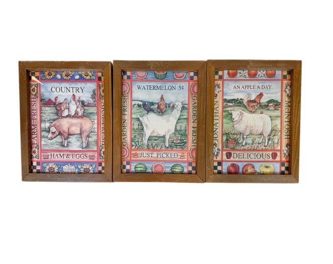 Country Decor Prints | Wall Art Kitchen | Primitive Farmhouse | Debra Jordan Bryan | Set Of 3 | Pig Chicken Goat Sheep | Cottage Granny Core