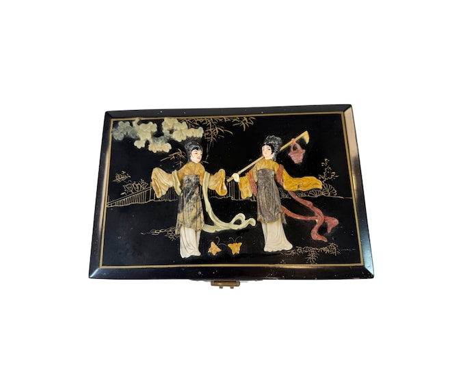 Lacquered Jewelry Box | Chinosiere Asian Oriental Chinese Japanese  | Box Lacquer Jade Stone Oriental Geisha Girl Hand Crafted Hand Painted
