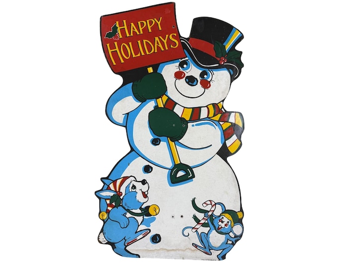 Snowman Cutout Wall Decor 1950’s-1960’s Era Masonite Board Vintage Christmas Cartoon Mid Century Retro Holiday Seasonal Decor