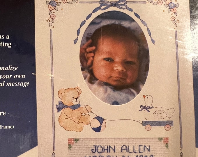 Titan Needlecraft Sentiments Counted XStitch Kit 08073 Greeting Birth Announcement features Bear Duck ball flowers 80s retro New old stock