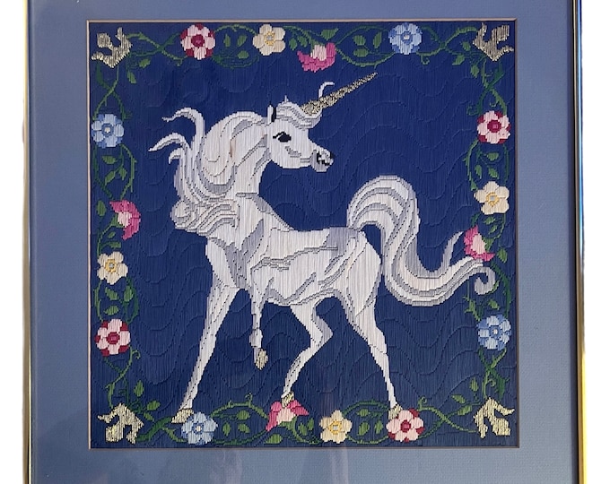 Vintage 80s Unicorn Blue White Crewel Metal Framed Wall Art | Large  Landscape Sky | Flowers