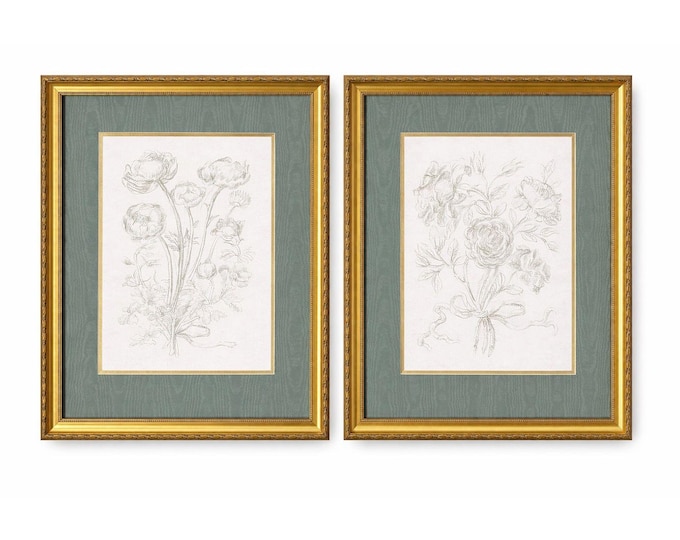 Pair Framed Prints Green Flowers Textured Mats Gold Frames Cottage Core Floral Home Wall Decor Decorative Accents Bedroom Living Dining Room