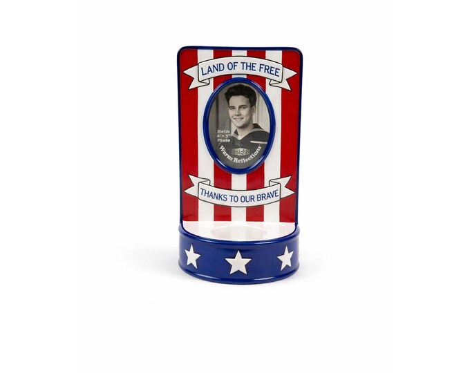 Photo Memorial Veteran Candle Holder Land of The Free Thanks to Our Brave Ceramic Picture Frame Patriotic American Vintage