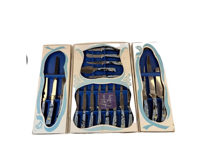 Cutlery Knife Set | Golden Prestige Sheffield English Blades | Vintage Stainless Steel 19 piece Treasure Chest box set | Black Marble