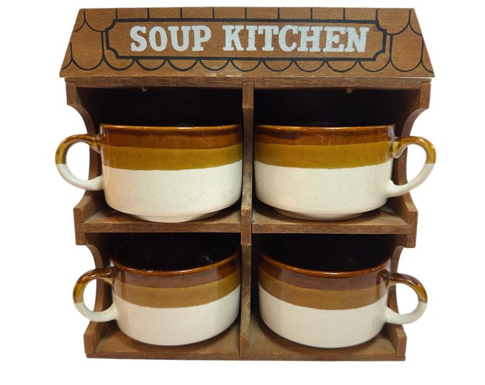 Three Tone Soup Mugs | Wall Mounted Mug Holder | Set 4|  Stoneware Pottery Taiwan | Quirky Retro kitchenware Wall Decor Granny Cottage Core