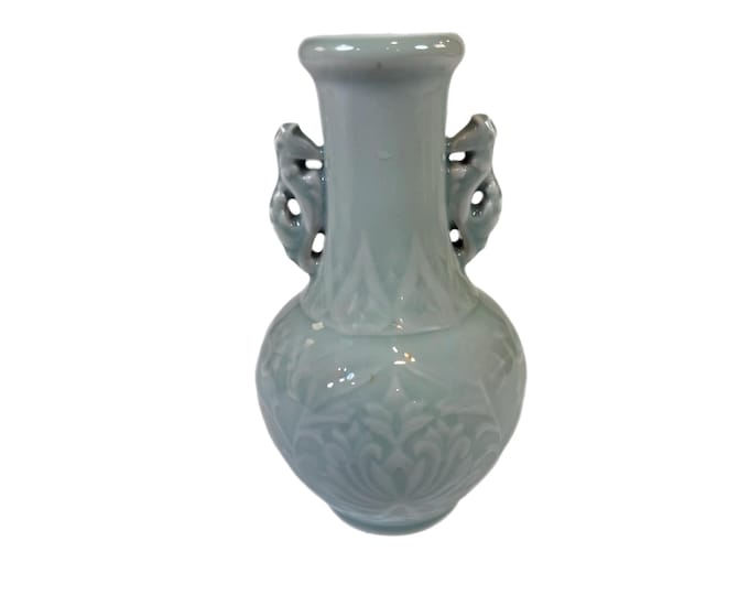 Celadon Jade Green Bud Vase | Double Handle Seahorse | Chinese Ishing Oriental Asian Chinoiserie Vintage Decorative Accents Home Shelf Decor