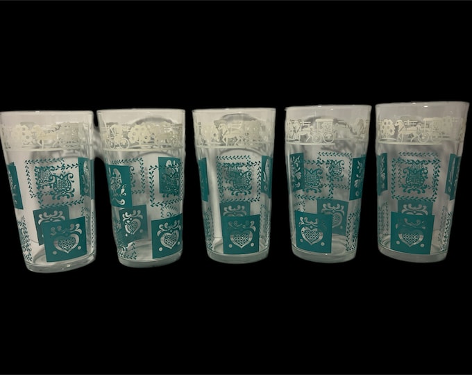 Set 5 MCM Drinking Glasses Pennsylvania Dutch Amish Teal White Tumblers