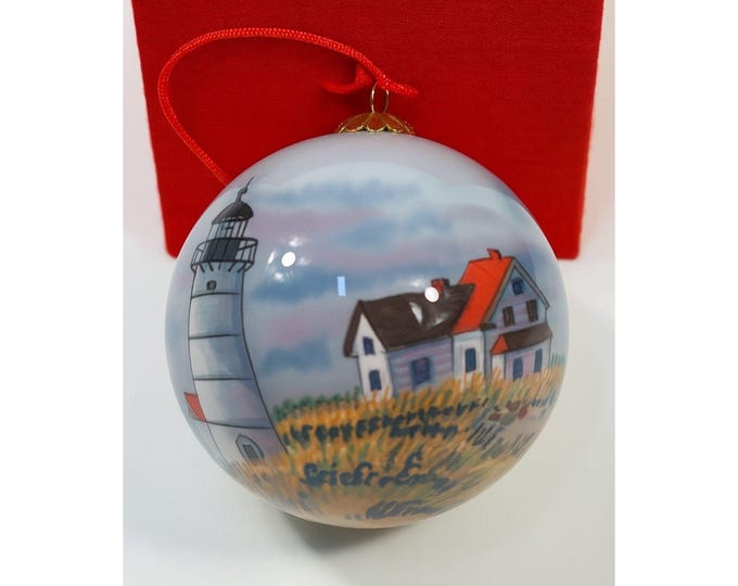 Glass Hand Painted ornament | Race Point MA Lighthouse Glass handpainted with Box Vintage Christmas Tree Holiday Decor Handpainted