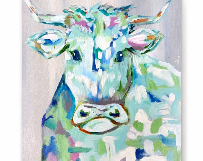 Cow Bull Wall Art Hand Painted Wooden Blue Hues Handmade Wall Home Decor Folk Art Farmhouse Cottage Granny Core