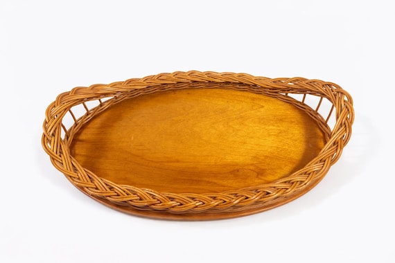 Oval Serving Tray Natural Wicker Rattan Wood  Handwoven Handmade Vintage Serving ware Home Decor Decorative Accents Coffee Table Barware