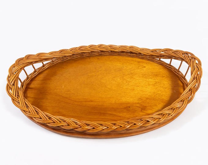 Oval Serving Tray Natural Wicker Rattan Wood  Handwoven Handmade Vintage Serving ware Home Decor Decorative Accents Coffee Table Barware