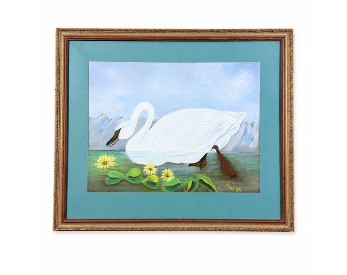 Framed Watercolor Whistling Swan Vintage Audubon Birds Hand Painted Large Signed  ESR Silver Frame Wall Home Decor Decorative Accent
