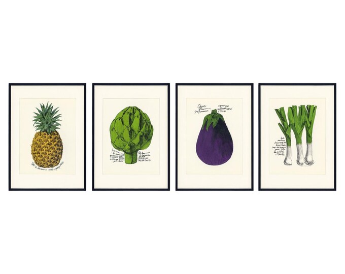 Wall Decor Kitchen Hand Colored Prints Set 4 Onion, Eggplant, Artichoke Pineapple