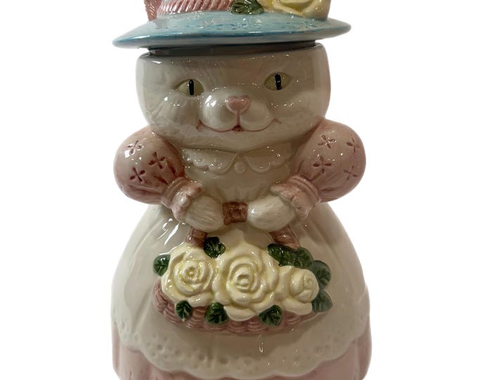 Vintage |  Victorian Mama Grandma Cat Cookie Jar | Ceramic Albert Price | Country Hat Flowers | Farmhouse Grandma Cottage Core | Pink Yellow