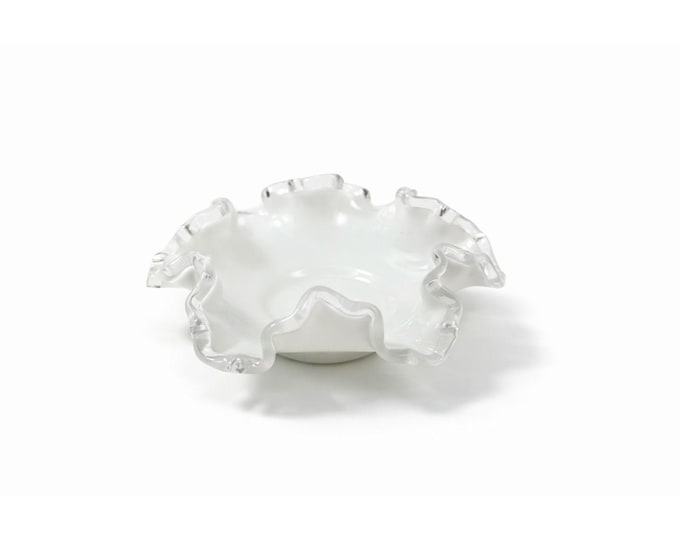 Crimped Ruffled Edge Bon Bon Dish Bowl White Milk Grass Edge Fenton Silver Crest Collectible Glassware Home Decor Decorative Accents