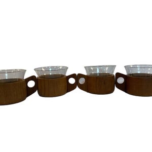 Schott Mainz Jena Glass Mug Set | Set of 4 tea glasses | Mid Century Teak Handles | Barware | Unique mugs | Retro Kitschy | Made in Denmark