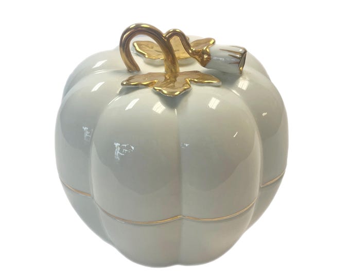 Vintage | Andrea by Sadek | Porcelain White Pumpkin with gold Leaves | Trinket Box | Fall Autumn Decor | Traditional Grand Millennial Box
