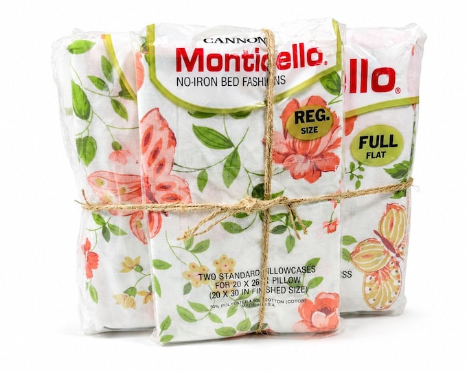 Full Sheet Set Cannon Monticello Floral Butterflies Flat Fitted Sheets 2 Cases Flowers Pastels 1970s Retro Vintage New in Bag Bedding Linens