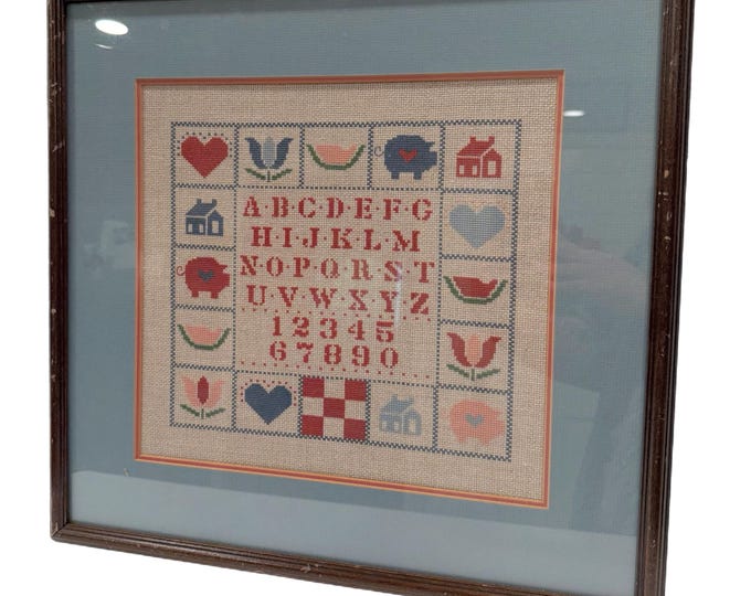 Vintage | Wooden Framed Needlepoint Sampler Alphabet | Pig  Heart Flower Watermelon | Primitive Country Farmhouse | Cottage Core Granny Core