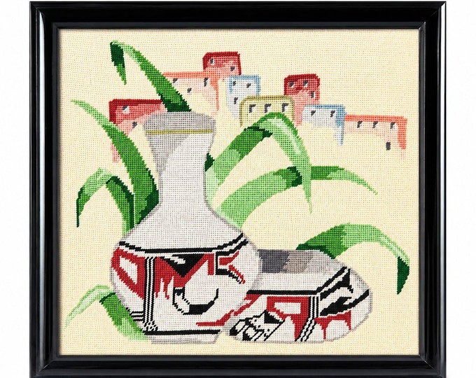 Needlepoint Framed Handmade Southwest Acoma Polychrome Jar Native Wall Art Vintage Village Home Decor Decorative Accents