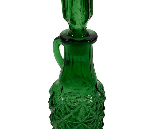 Green Bottle Cruet With Stopper Lidded Indiana Glass Diamond Pattern Small Mini | Vintage Serveware Kitchenware Glassware | Collectible