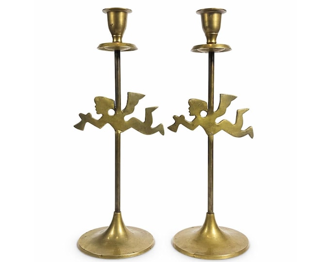 Solid Brass Taper Candle Holders Churub Angel Flying Trumpets Set 2 Pair Vintage Unique Decor Tablescape Holiday Christmas Entertaining