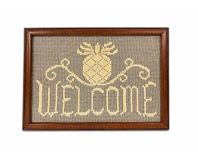 Sampler Welcome Pineapple Wall Art Handmade Darning Filet Crochet Framed Farmhouse Country Primitive Vintage Cottage Granny Core